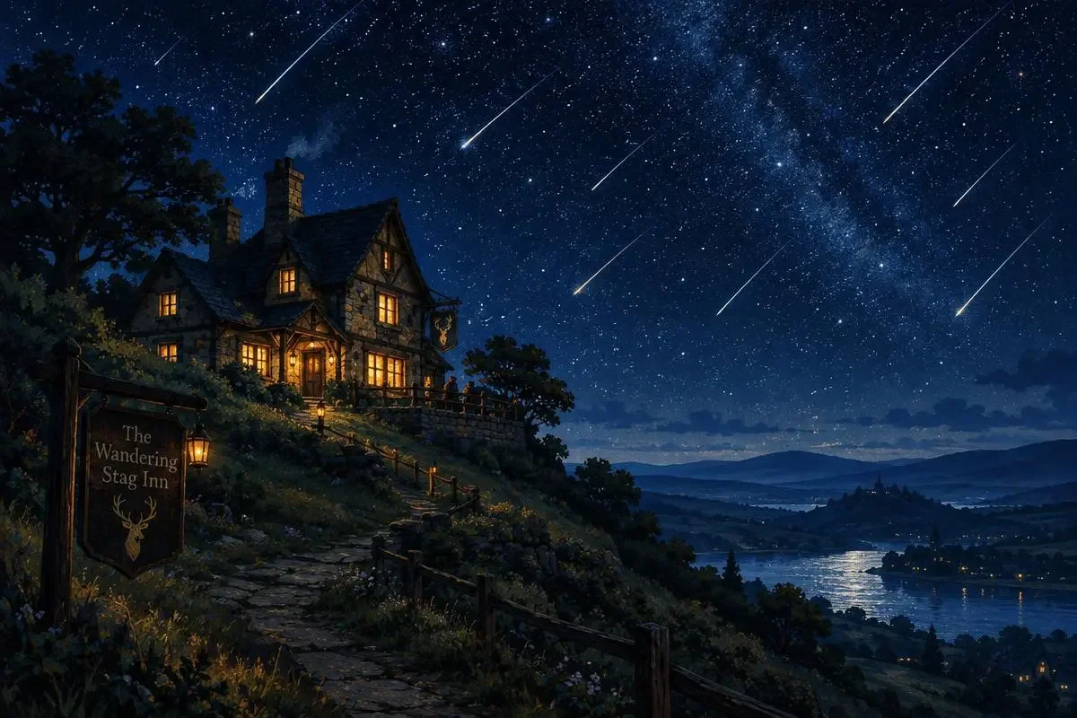 星屑旅馆 - 毛片大全 编辑首推作品星屑旅馆的场景插画,流星雨下的山顶旅馆